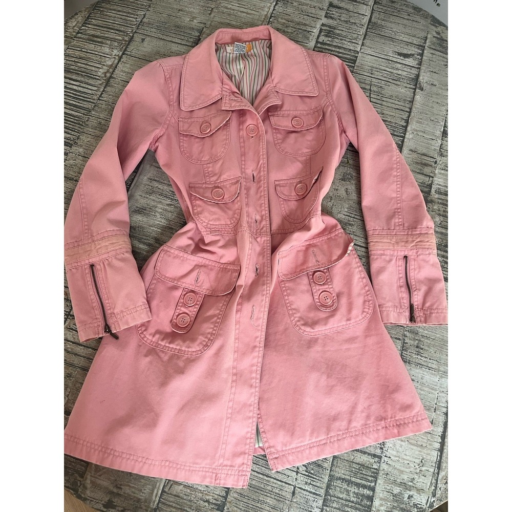 Anthropologie Tulle Pink Utility Trench Jacket Size Med Button Women Long